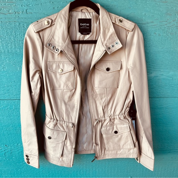 Bebe Genuine Leather Utility Jacket Cream Beige Zip Front NWT Size S - Picture 9 of 12
